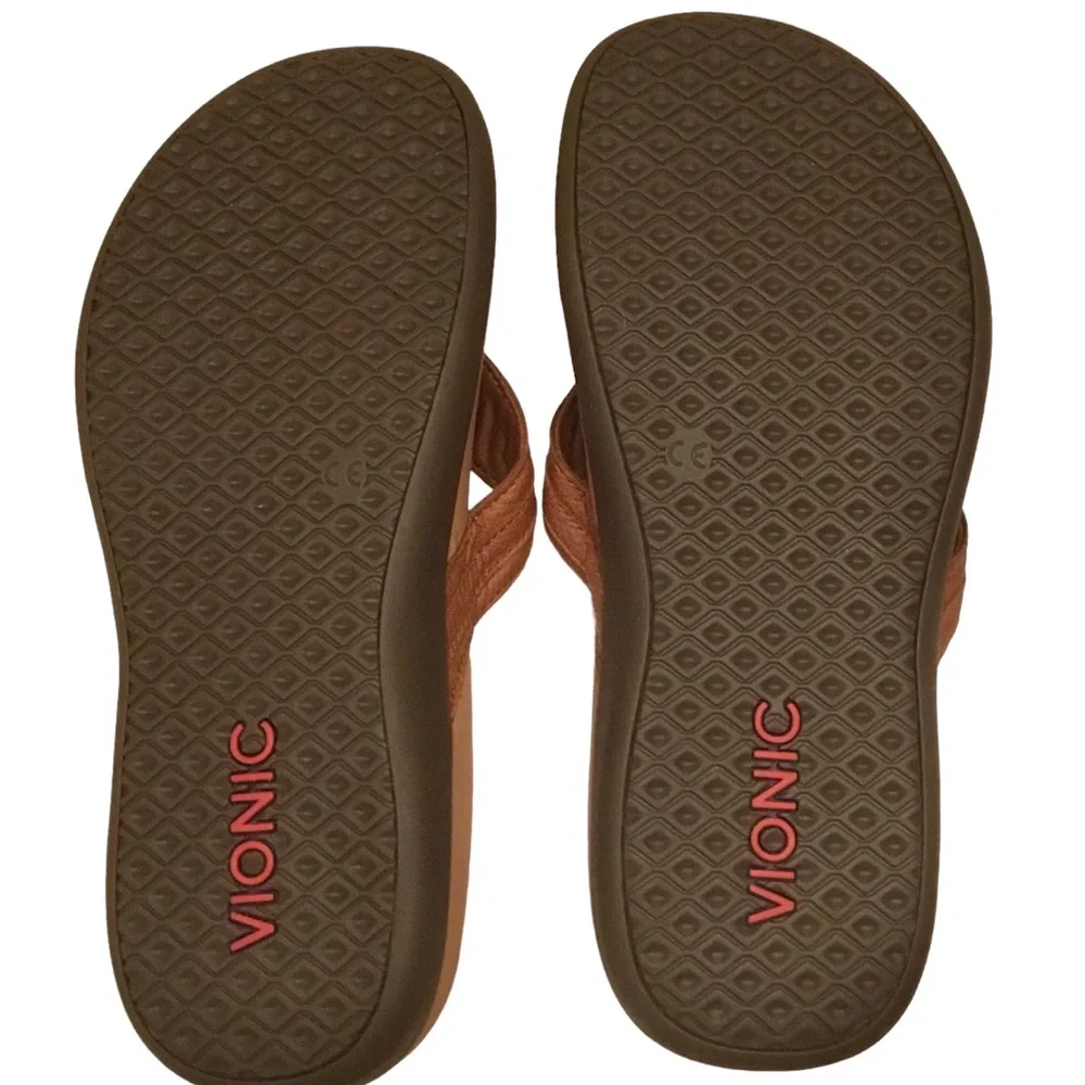 Vionic Tide Aloe Sandals Women’s 10 Brown Leather Strap Thong Toe-Post Flip Flop